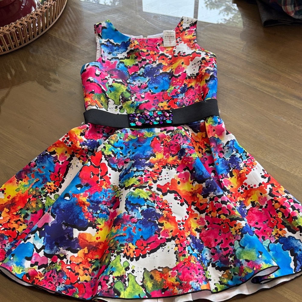 Zoe Ltd Multicolor Watercolor Fit-and-Flare Dress with Black Belt